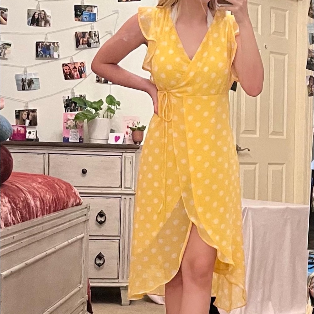 Wrap around yellow polka dot dress